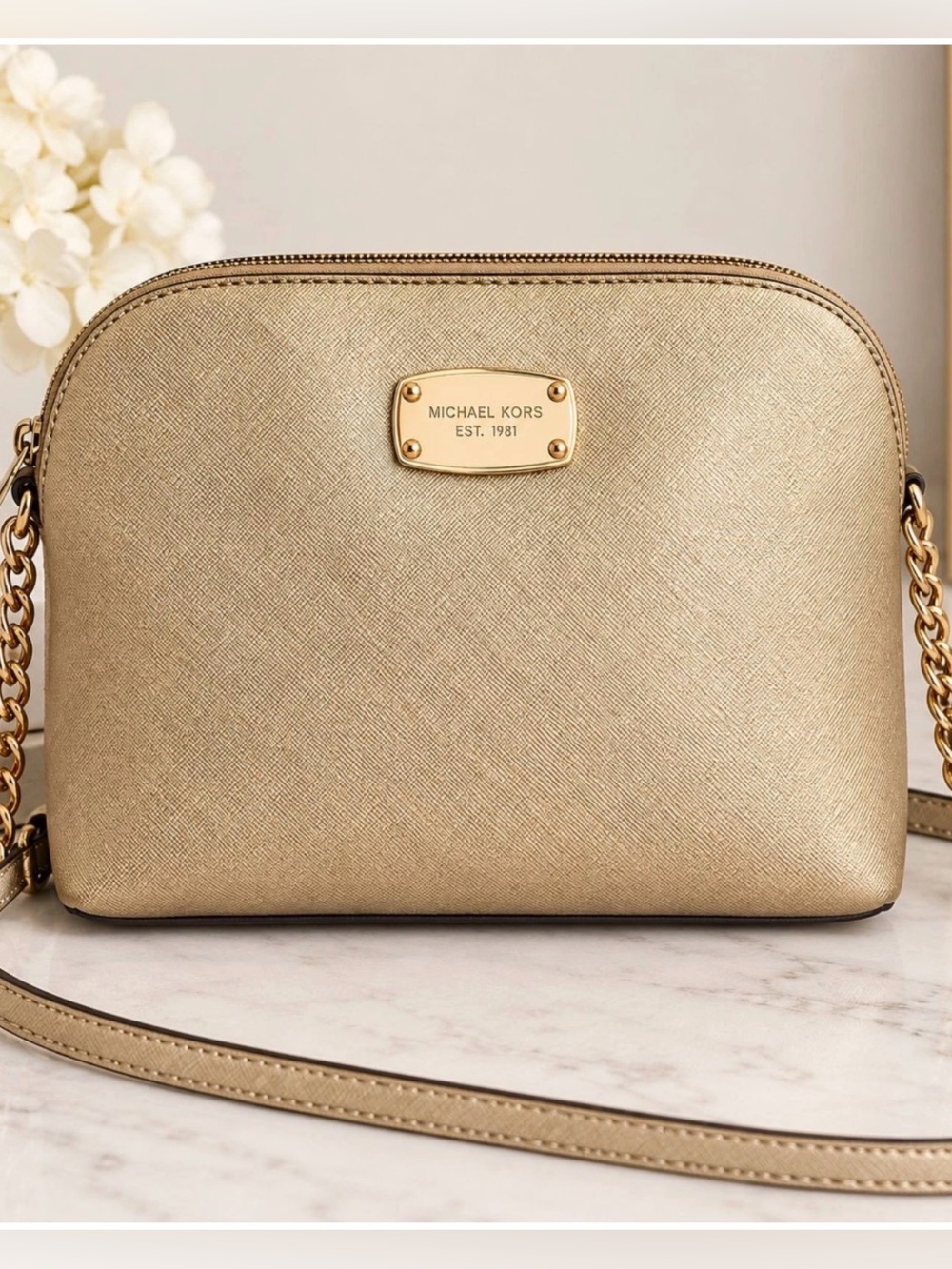 Title: Michael Kors Cindy Pale Gold Saffiano
Leather Dome Crossbody Bag
